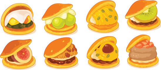 Set of Colorful Dorayaki Desserts Vector Illustration with Various Fruit and Cream Fillings