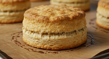 Golden baked biscuit on baking sheet close up appetizing food photography
