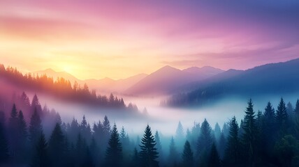 Obraz premium Misty Mountain Sunrise: Serene Pine Forest Landscape at Dawn