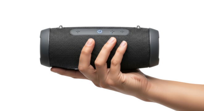 unleash the sound hand holding portable wireless bluetooth speaker, isolated on transparent background