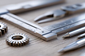 Precision Engineering Tools Arranged on a Wooden Surface for Detailed Work