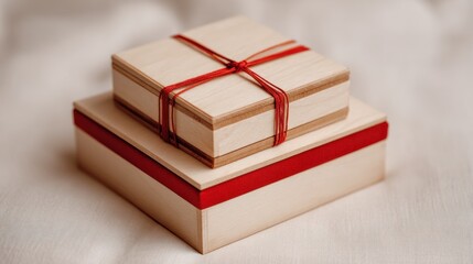 Stacked wooden boxes with red ribbon
