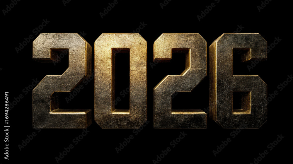 Poster golden numbers representing year 2026 stand out against black background, creating striking visual e