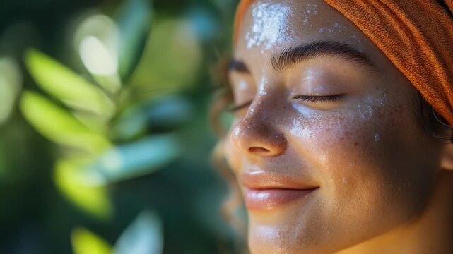 A close-up of a woman wearing a towel as a makeshift turban or headscarf