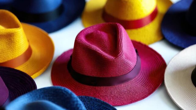 A collection of vibrant hats arranged on a flat surface, ideal for decorative purposes or as props in creative projects