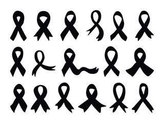 Awareness Ribbon Vector Set. Black Silhouette Icons Collection, Support Ribbon Vector Pack. Awareness Symbol Silhouettes