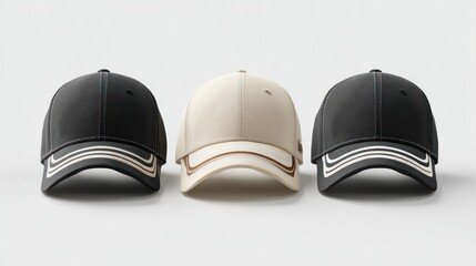 Three baseball caps in different colors