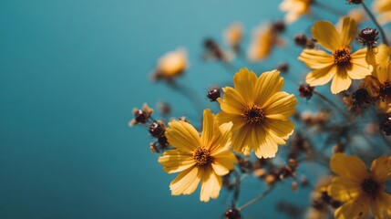 Closeup yellow flowers teal background