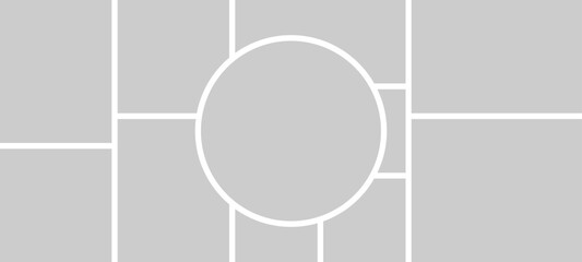 Photo or pictures collage with bento grid and circle layout on a ultra-wide background ratio
