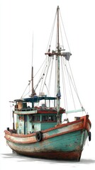 Vintage Fishing Boat on Isolated Background in Mariner Style