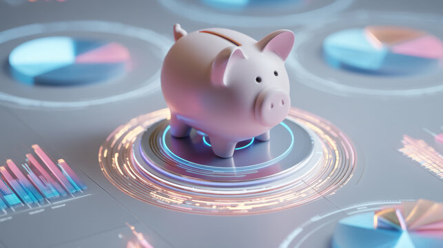Piggy bank sits center of digital financial dashboard, surrounded by colorful pie charts and bar graphs, symbolizing savings and investment strategies. scene conveys sense of financial planning - Powered by Adobe
