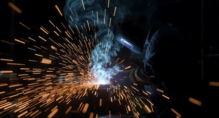 Dynamic Welding Sparks: Industrial worker performing metalwork with a shower of glowing particles in a dark workshop