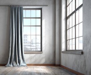 An empty room with large windows, light gray curtains, and a view of a city, showcasing a tranquil and minimalist design.