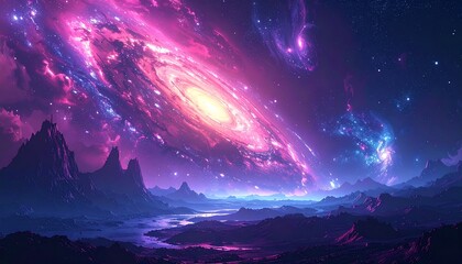 Colorful galaxy over alien landscape (1)