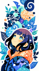 微笑む女性、イラスト、パッチワーク