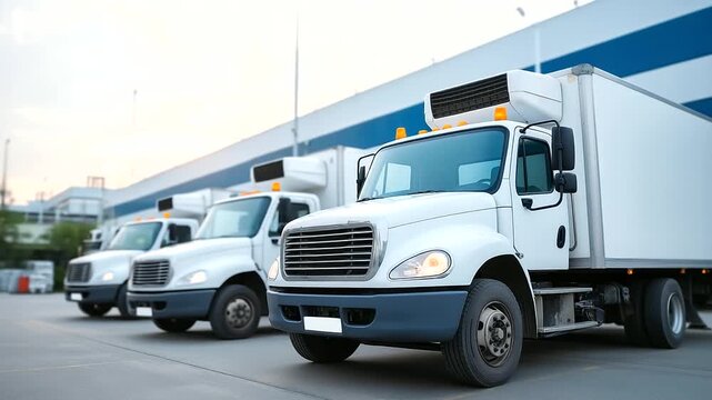 Refrigerated truck fleet at cold storage facility with temperature monitoring systems and insulated cargo compartments emphasizing cold chain logistics for perishable goods cold