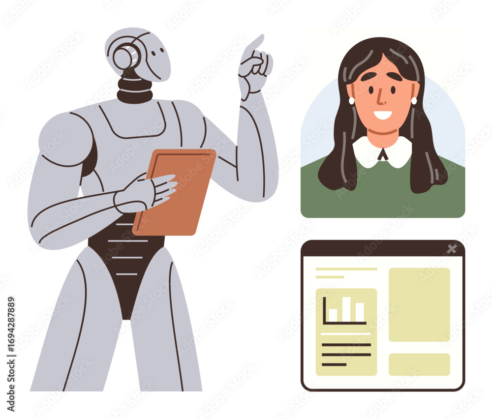 Poster humanoid robot gestures while holding a tablet, engaging with a woman via a digital profile and data