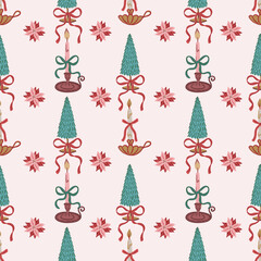 Seamless pattern with Christmas tree, burning candle in holder, red ribbon bows and poinsettia flower on pink background. Festive hand-drawn vector design for wrapping paper, textile, wallpaper, cover