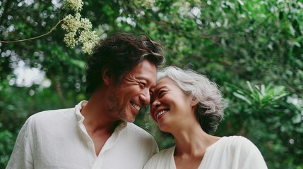 Couple sharing a joyful moment outdoors in a lush garden during daylight hours