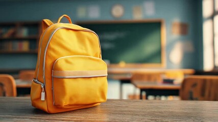 Yellow backpack on a wooden school desk in front of a blurred classroom - Powered by Adobe
