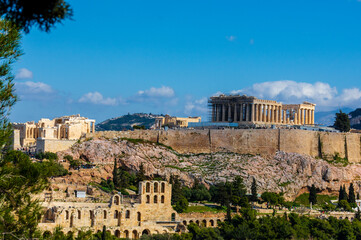 Fototapeta premium Panoramic view of Acropolis hill with Parthenon and Odeon in Athens, Greece.