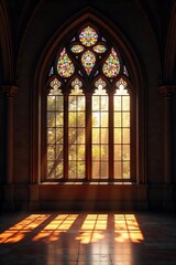 Obraz premium Serene light streams through a stunning arched stained-glass window, illuminating a peaceful interior space Perfect for religious, spiritual, or architectural themes , architecture, building
