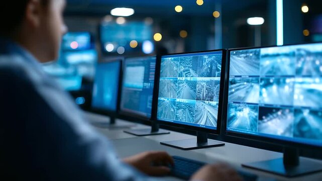 Security surveillance command center with multiple monitors displaying facility coverage access control systems and emergency response protocols in corporate security office sec