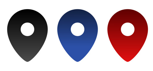 Vector illustration of three map location pins in black, blue, and red, arranged horizontally. Minimalist teardrop design with central cutout, ideal for UI, navigation, GPS, and geolocation themes.