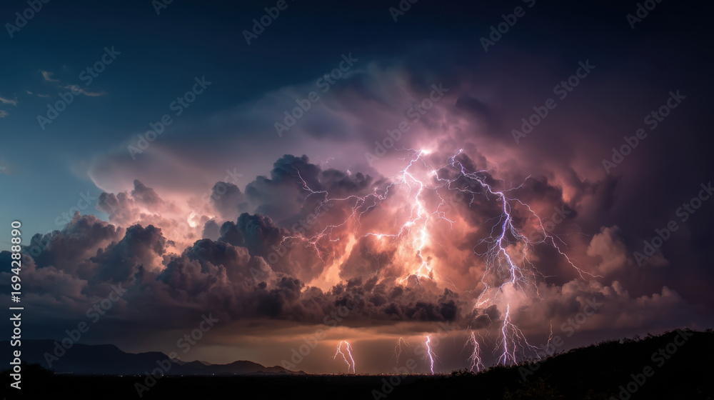 Poster dramatic thunderstorm with vibrant lightning illuminating dark clouds, creating stunning display of 