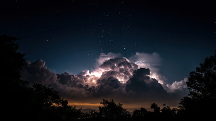 Majestic storm clouds illuminated by lightning create dramatic night sky filled with stars. scene captures beauty and power of nature, evoking sense of awe and wonder