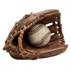 Worn Baseball Glove with Classic Ball Inside on Transparent Background