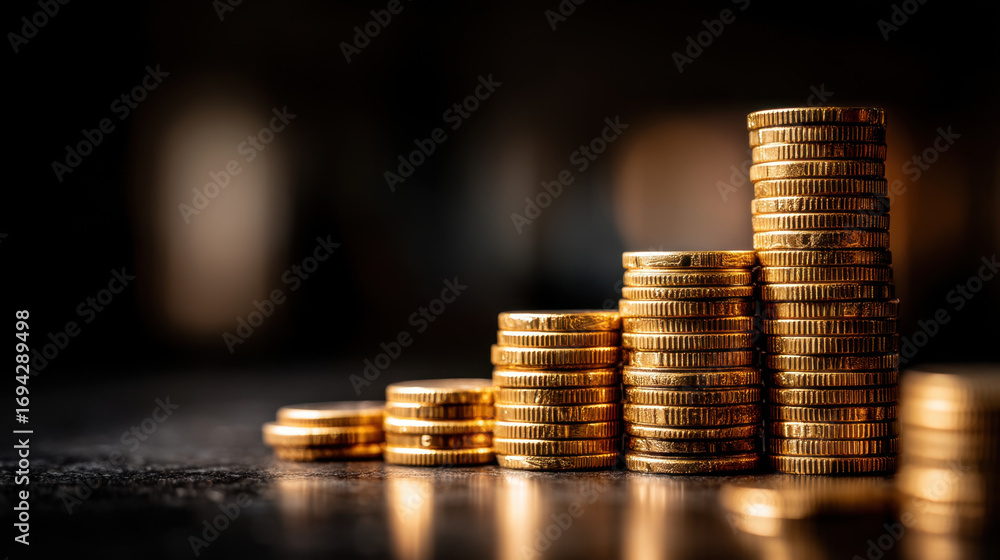 Poster stacks of shiny gold coins arranged in varying heights create striking visual against dark backgroun