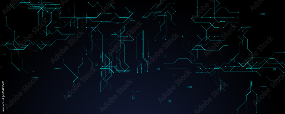 Poster futuristic tech circuit background with glowing lines. abstract electronic network design in blue to