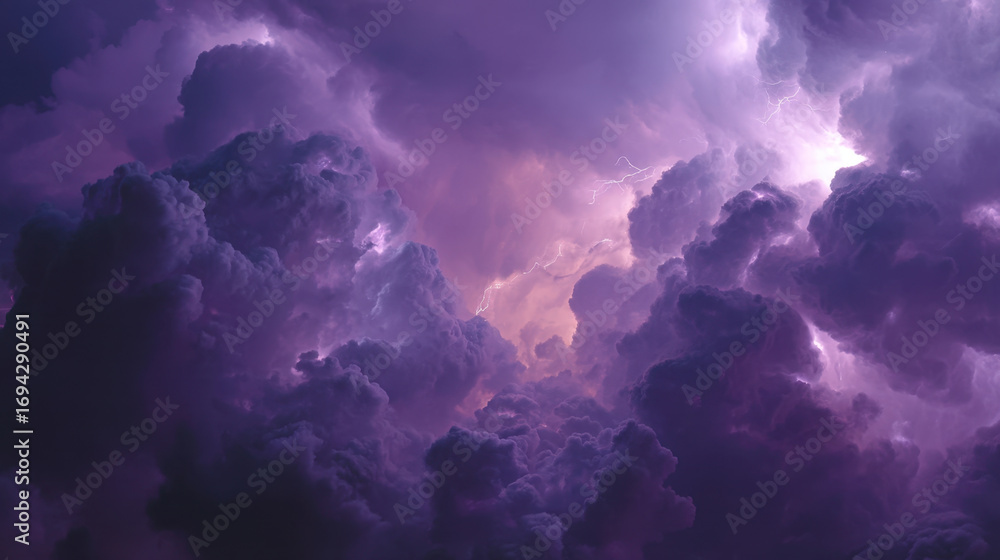 Poster majestic purple clouds swirl dramatically in sky, illuminated by flashes of lightning, creating capt