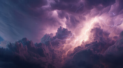 Dramatic storm clouds illuminated by lightning create captivating and intense atmosphere. swirling purple and gray hues evoke sense of awe and power in nature display