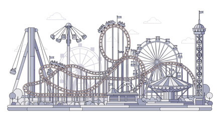 A detailed line drawing of a carnival amusement park scene