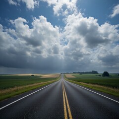 Fototapeta premium Long Road Through Grassy Fields Under Cloudy Sky