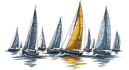 A fleet of sailboats sailing on the water with reflections