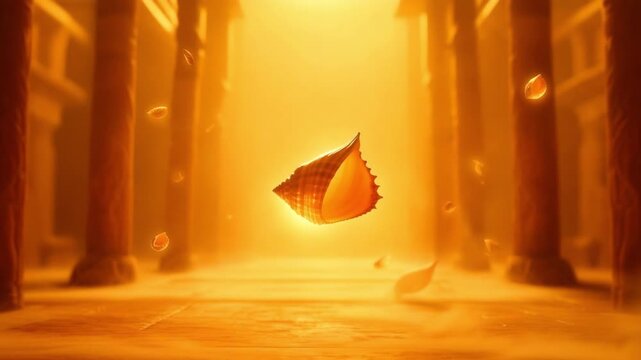 A sacred conch shell artifact levitates and glows with divine golden light within a mysterious ancient hall of pillars