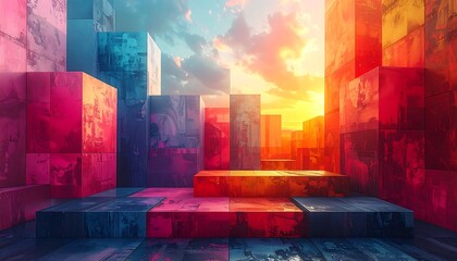 Colorful geometric city sunrise