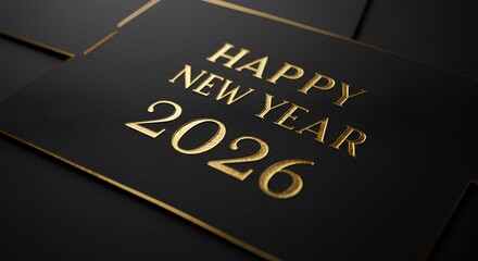 Luxury Happy New Year 2026 greeting card design with golden typography on black textured background, elegant festive celebration concept.
