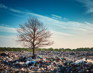 Single Green Tree Standing Amid a Polluted Wasteland Under Blue Sky