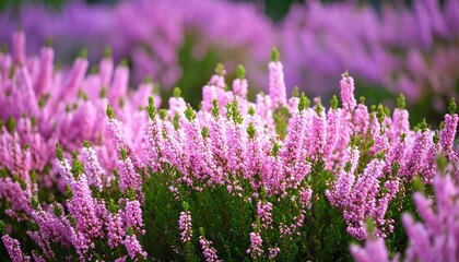 Floral tapestry of vibrant pink heather blossoms in nature setting