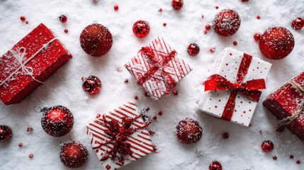Festive red and white gift boxes are arranged on snowy surface, surrounded by red ornaments and decorative elements, creating joyful holiday atmosphere