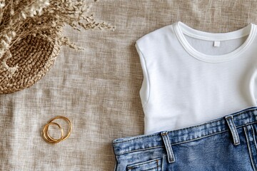 White shirt and blue jeans on a neutral textured background with dried plant.
