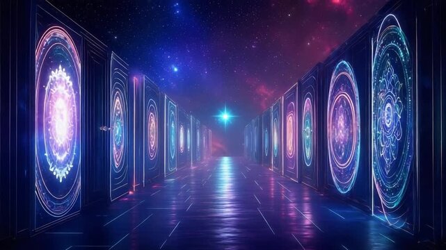A Dynamic Journey Through a Mystical Sci-Fi Corridor of Glowing Neon Sacred Geometry Portals. - Powered by Adobe
