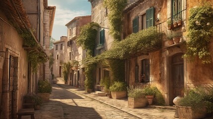 Sunlight-drenched European alleyway