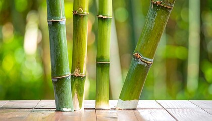 Obraz premium Close-up bamboo stalks on wooden surface