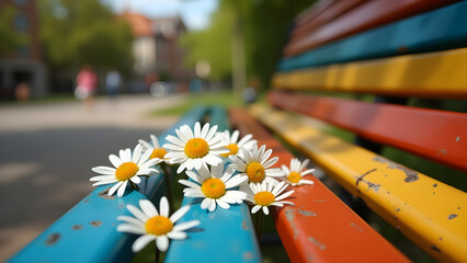 A bouquet of beautiful, colorful daisy flowers blossom on the beach, street, and a boat, showing the beauty of spring and summer