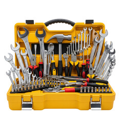 Open yellow toolbox filled with various tools isolated on transparent background